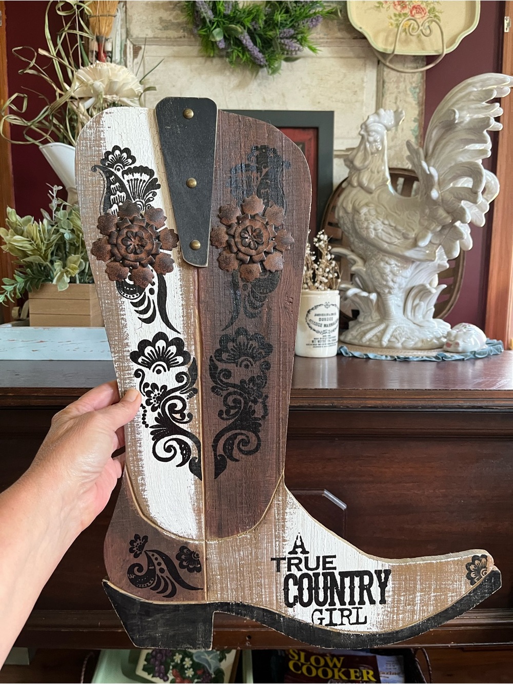 Rustic Brown and White Country Girl Cowboy Boot Wall Decor
